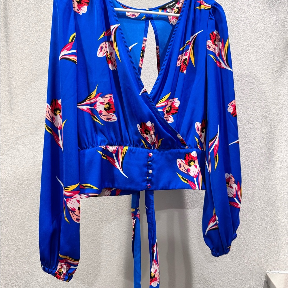 Floral Blue Faux Wrap Crop Top